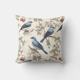 Blue Birds with Berries and Blossoms Vintage Cushion