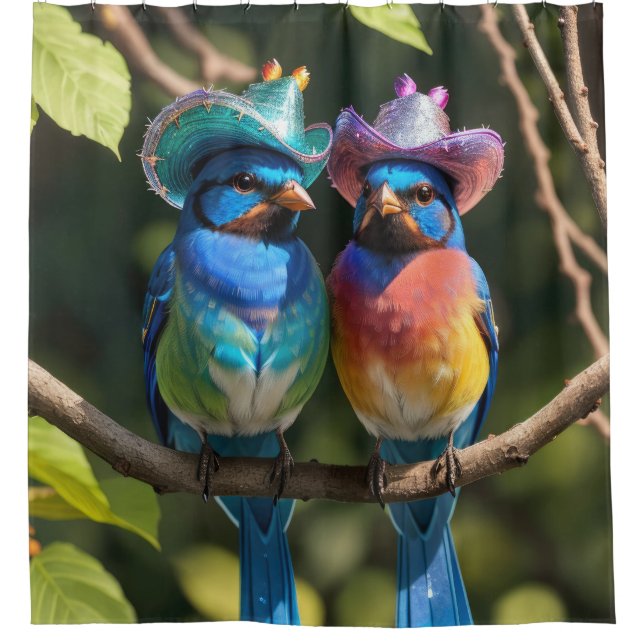 Blue Birds with Sparkly Cowboy Hats Shower Curtain (Front)