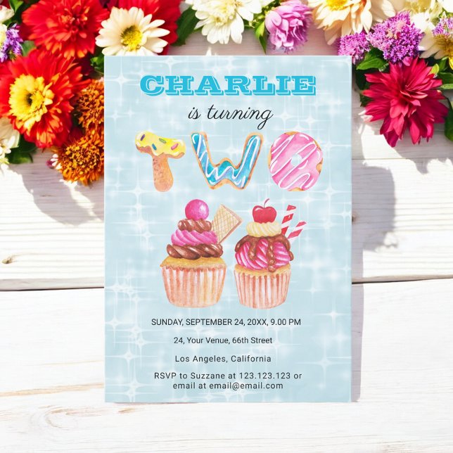 Blue Birthday 2nd Cute Cup Cake Invitation (Creator Uploaded)