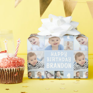 Blue Birthday 8 Photo Collage Name Age Wrapping Paper