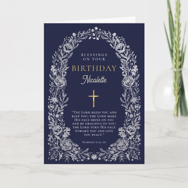 Blue Birthday Blessings Floral Greeting Card (Front)