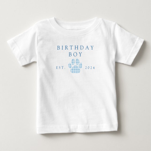 Blue Birthday Boy Gingham Paw Print Birthday Baby T-Shirt (Front)