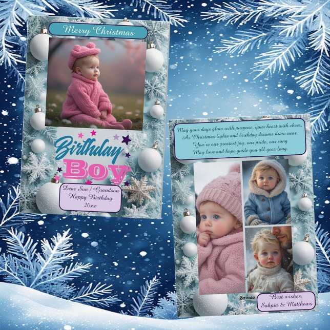 Blue Birthday Boy White Christmas Snowflakes Photo Holiday Card (Blue Birthday Boy White Christmas Snowflakes Photo Holiday Card)