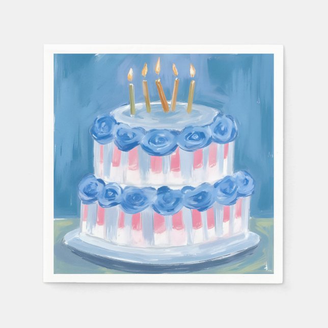 Blue Birthday Cake Watercolor Celebration Party Napkin (Front)