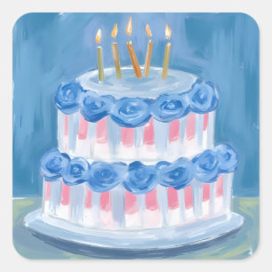Blue Birthday Cake Watercolor Celebration Party Square Sticker