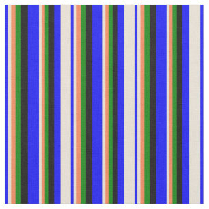 Blue, Bisque, Coral, Green & Black Stripes Fabric