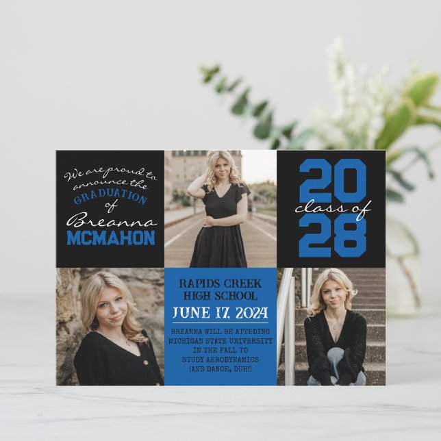 Blue & Black 4 Photo Graduation Announcement (Creator Uploaded)