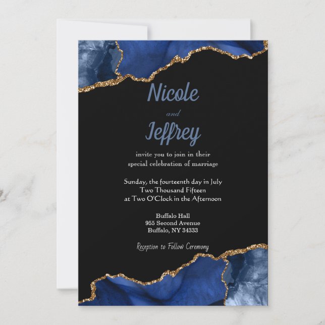 Blue & Black Agate Elegant Wedding Invitation (Front)