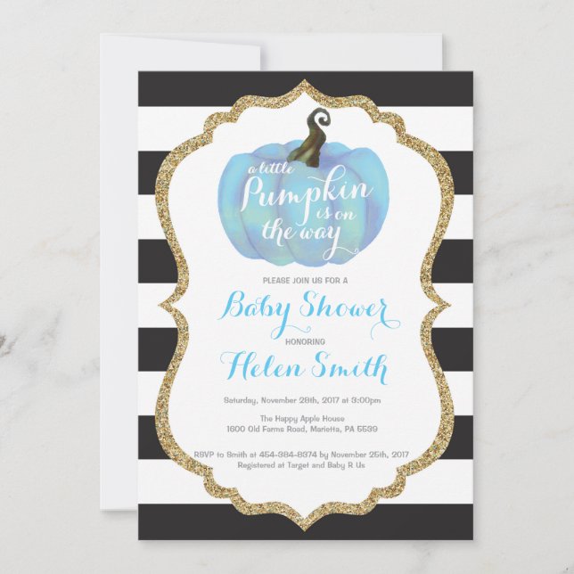 Blue Black and Gold Pumpkin Boy Baby Shower Invitation (Front)