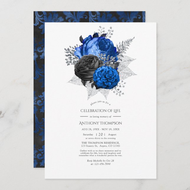 Blue, Black and Silver Floral Celebration of Life Invitation (Front/Back)