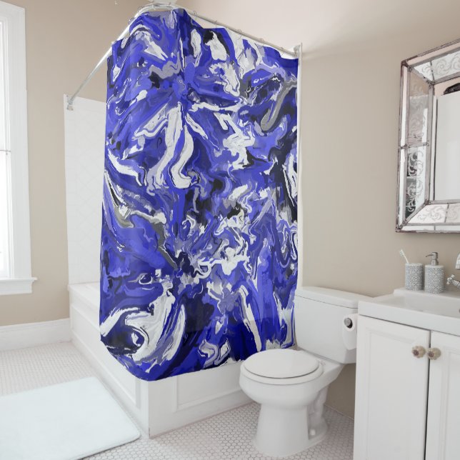 Blue, Black and White Abstract Shower Curtain (In Situ)