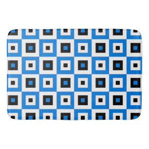 Blue Black and White Checkered Squares Pattern Bath Mat