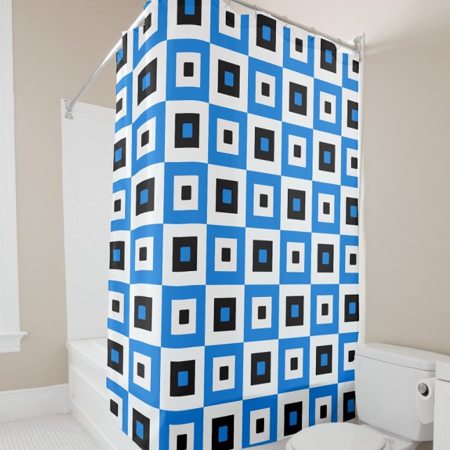 Blue Black and White Checkered Squares Pattern Shower Curtain (Creator Uploaded)