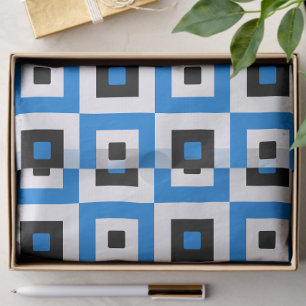 Blue Black and White Checkered Squares Pattern Tissue Paper