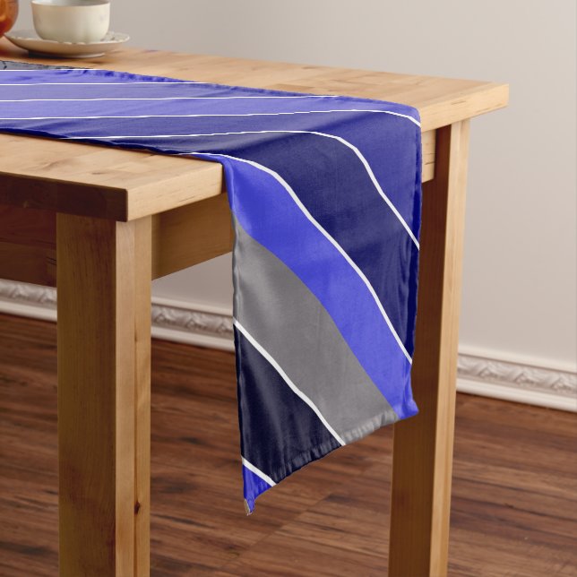 Blue, Black and White Diagonal Stripes Long Table Runner (In Situ)