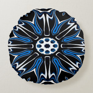 Blue, Black and White Estonia Flower Art Round Cushion