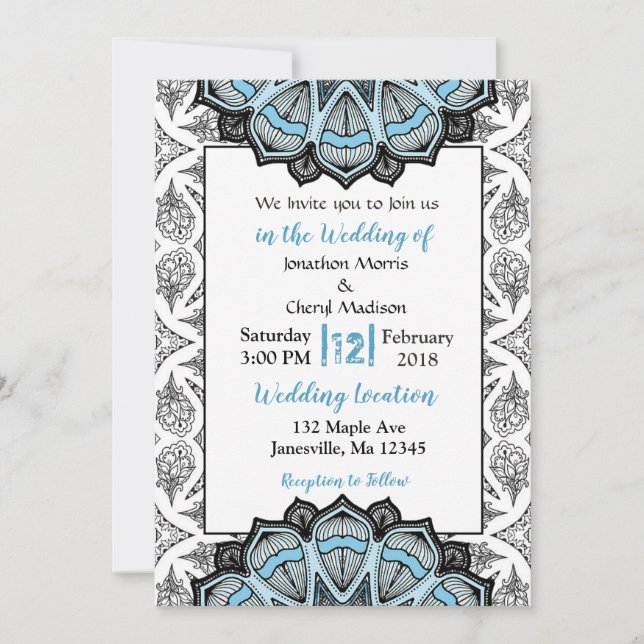 Blue, Black and White Mandala Wedding Invitations (Front)