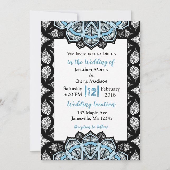 Blue, Black and White Mandala Wedding Invitations (Front)