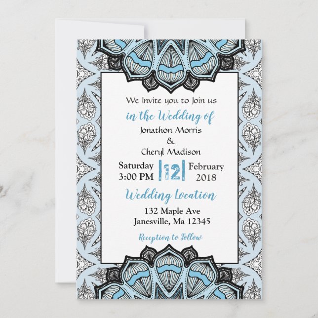 Blue, Black and White Mandala Wedding Invitations (Front)