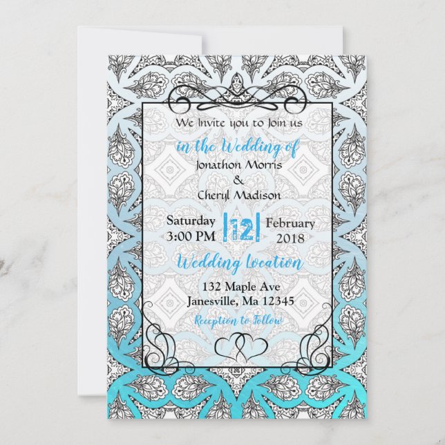 Blue, Black and White Mandala Wedding Invitations (Front)