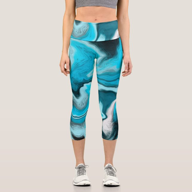 Blue, Black and White Marble Fluid Art  Capri Leggings (Front)