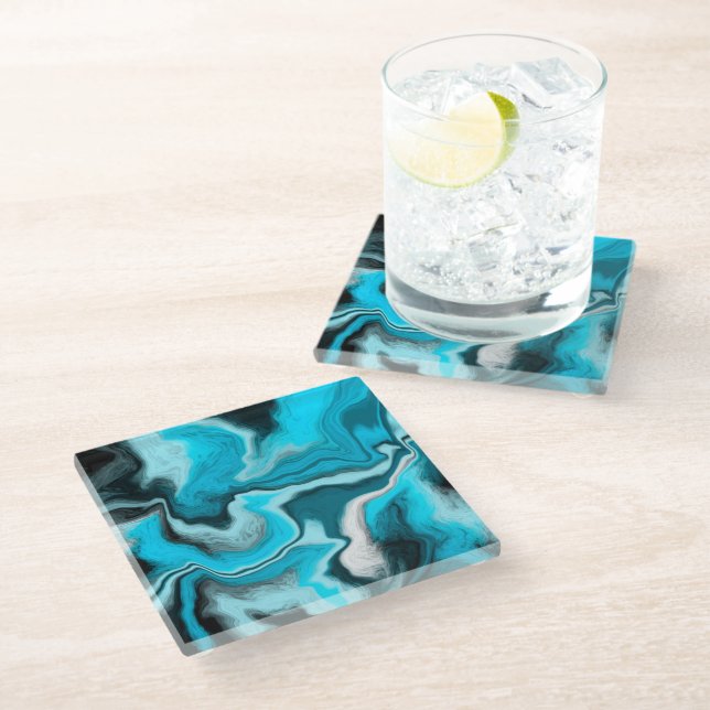 Blue, Black and White Marble Fluid Art   Glass Coaster (Angled)