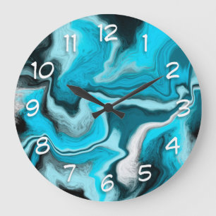 Blue, Black and White Marble Fluid Art  Large Clock