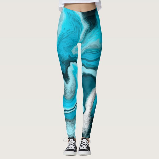 Blue, Black and White Marble Fluid Art   Leggings (Front)