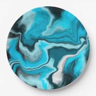 Blue, Black and White Marble Fluid Art Paper Plate