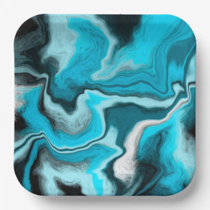Blue, Black and White Marble Fluid Art    Paper Plate