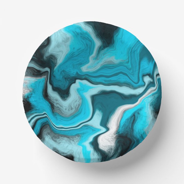 Blue, Black and White Marble Fluid Art     Paper Plate (Front)
