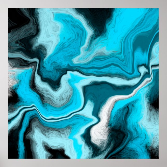 Blue, Black and White Marble Fluid Art  Poster (Front)
