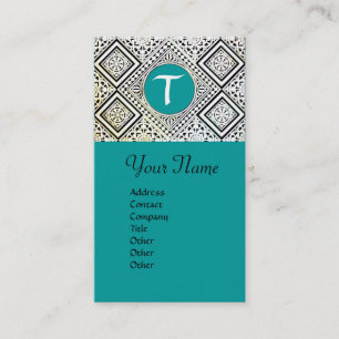 BLUE BLACK AND WHITE ROMAN EAGLE DAMASK MONOGRAM BUSINESS CARD