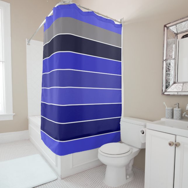 Blue, Black and White Stripes Shower Curtain (In Situ)