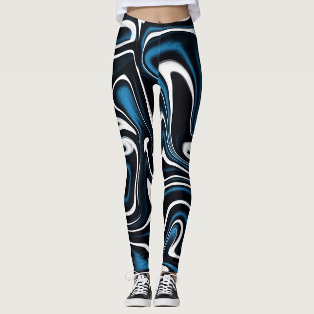 Blue, Black and White Swirls  Leggings (Front)