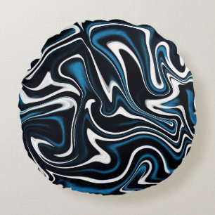 Blue, Black and White Swirls Round Cushion