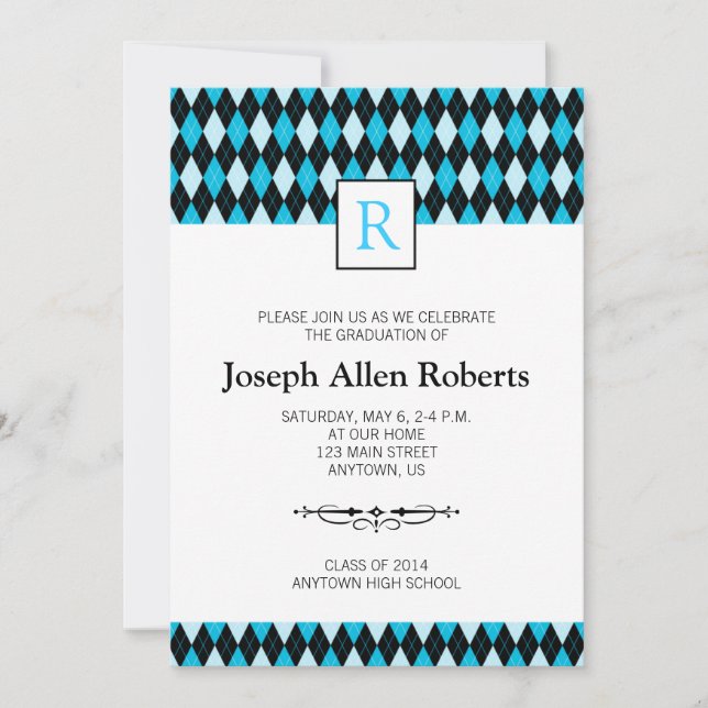 Blue & Black Argyle Pattern Graduation Party Invitation (Front)