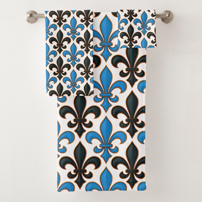 Blue Black Baroque Fleur-de-lis Pattern Design  Bath Towel Set (Creator Uploaded)