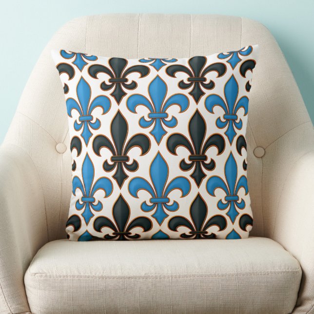 Blue Black Baroque Fleur-de-lis Pattern Design  Cushion (Creator Uploaded)
