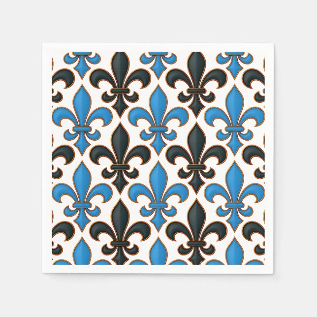 Blue Black Baroque Fleur-de-lis Pattern Design  Napkin (Front)