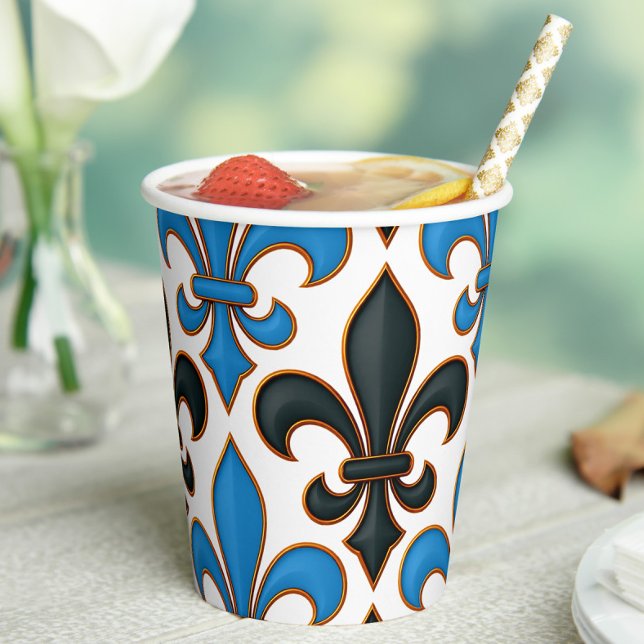 Blue Black Baroque Fleur-de-lis Pattern Design  Paper Cups (Creator Uploaded)