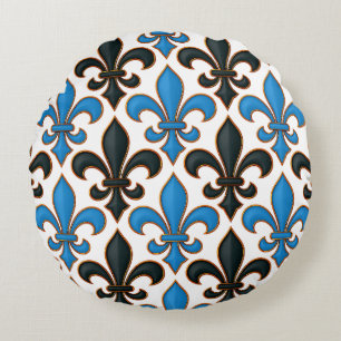 Blue Black Baroque Fleur-de-lis Pattern Design Round Cushion