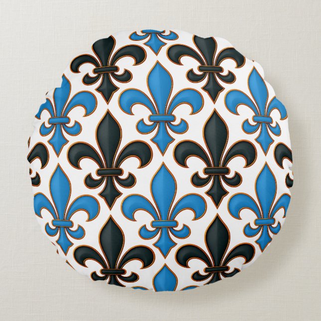 Blue Black Baroque Fleur-de-lis Pattern Design  Round Cushion (Front)