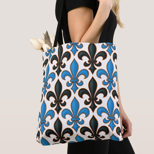 Blue Black Baroque Fleur-de-lis Pattern Design  Tote Bag (Creator Uploaded)