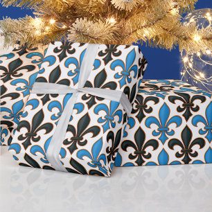 Blue Black Baroque Fleur-de-lis Pattern Design  Wrapping Paper