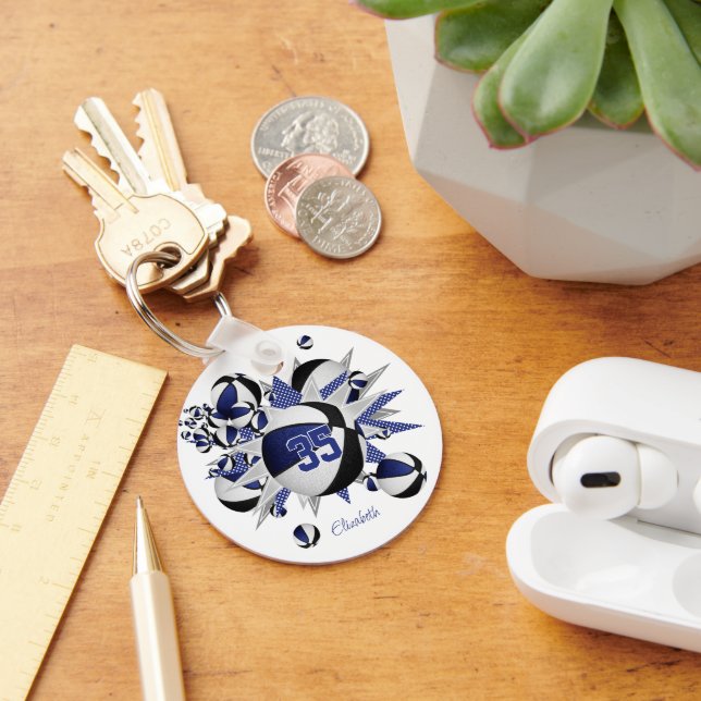 blue black basketball blowout girls jersey number key ring (Desk)