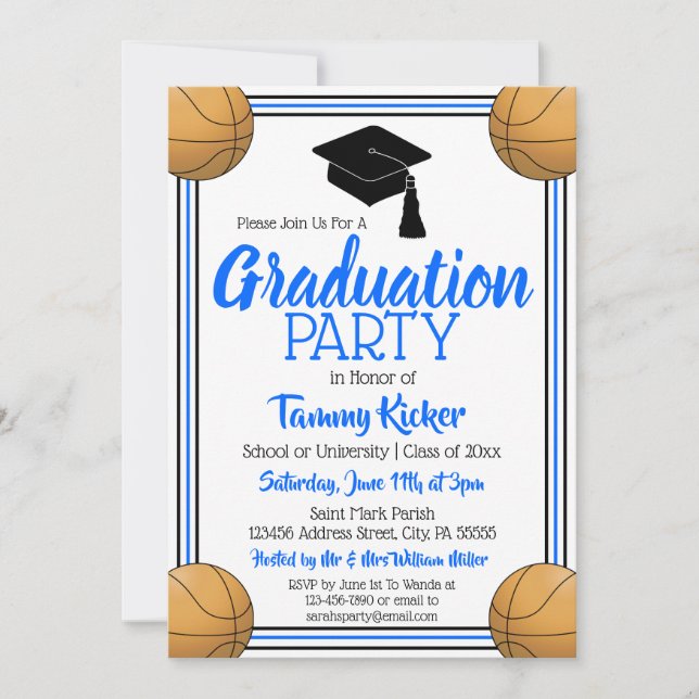 Blue & Black Basketball Graduation Party Invitation (Front)