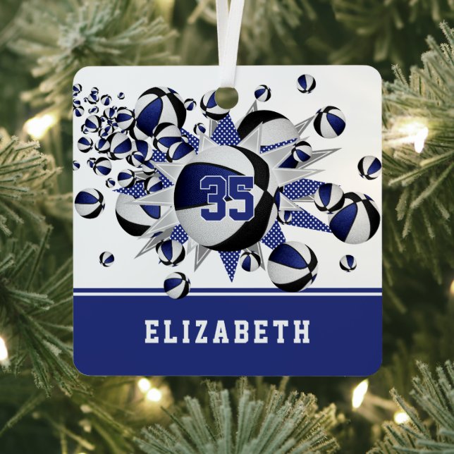 Blue black basketballs stars personalised  metal tree decoration (Insitu)