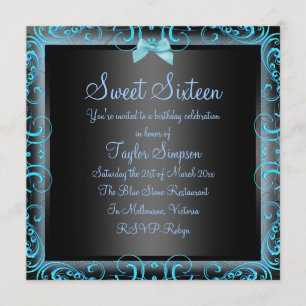 Blue/Black Bow & Frame Sweet16 Birthday Invite