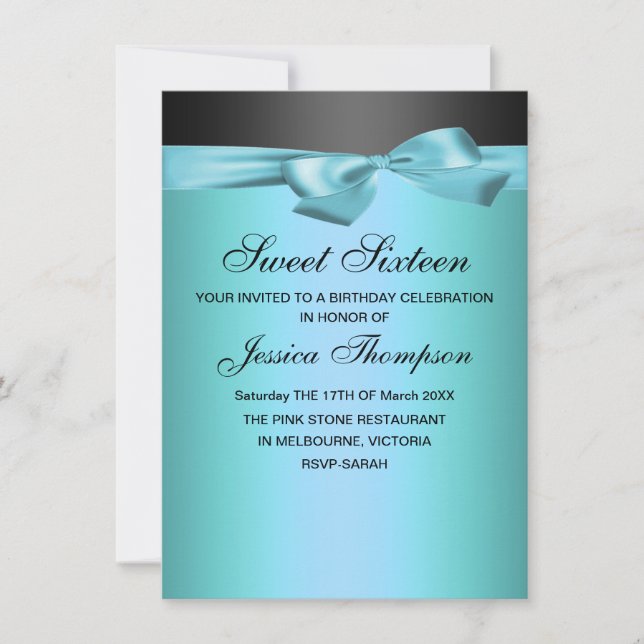 Blue & Black Bow Sweet 16 Birthday Invitation (Front)